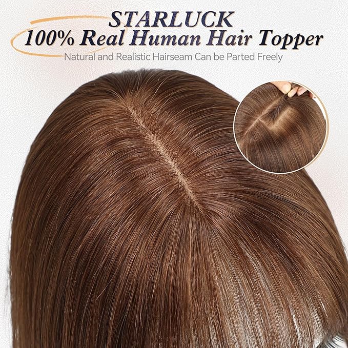 starluck Human Hair Toppers for Women Real Human Hair With Bangs 4 * 5.5 inch Base 12 inch SilkHug Hair Topper for Women Cover Grey Roots(Medium Brown)