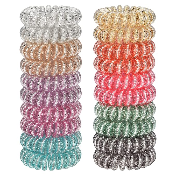 JessLab Spiral Hair Ties, 20 Pcs Traceless Phone Cord Hair Ties No Crease Spiral Bracelet Plastic Coil Ponytail Holders No-Damage Headband Hair Accessory for Girls Women Ladies Gift (Steel Beaded)