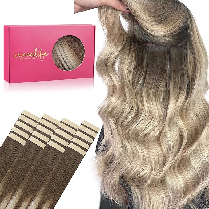 WENNALIFE Tape in Hair Extensions Human Hair, 20pcs 50g 22 inch Sandy Brown to Platinum Blonde Extensions Real Human Natural Straight Tape in Invisible Human Hair Extensions
