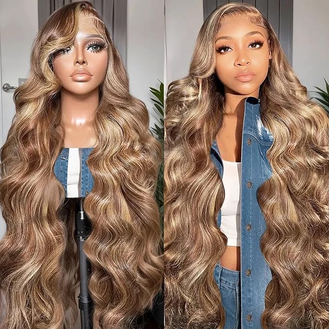 Honey Blonde Ombre 13x6 Lace Front Wig Human Hair 210 Density Highlight Body Wave Lace Front Wigs Human Hair Pre Plucked Glueless Lace Frontal Wig for Women 4/27 Colored 36Inch