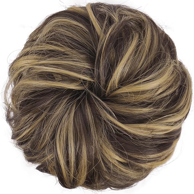 FESHFEN Messy Bun Hair Piece - Large Elastic Wavy Curly Hair Bun Scrunchies Ponytail Extensions Synthetic Chignon Hairpieces for Women, Dark Brown & Champagne Blonde 1.94oz