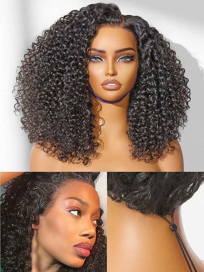 LUVME HAIR 100% Real Human Hair Wig Lace Frontal Deep Curly 18 inches Drawstring Cap Glueless HD Lace Wigs Human Hair Pre Plucked Pre Cut, Curly Wig Human Hair Ready to Go Wig