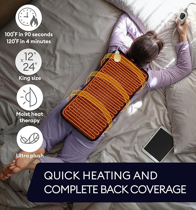 GENIANI XL Electric Heating Pad for Back Pain & Cramps Relief, Electric Throw, Birthday Christmas Gifts for Women, Men Auto Shut Off, Machine Washable, Heat Pad for Neck & Shoulder (12"x24" Jet Black)