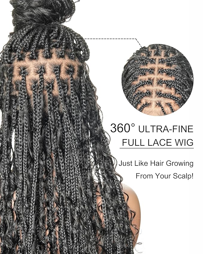 Human Hair Boho Curls Hand-Tied HD Full Lace Wig - 36" Salon-Level Small Box Synthetic Braids (100 Braids, High Density) Pre-Cut Swiss HD Lace, Pre-Plucked, Knotless, Tangle-Free - Black 1B