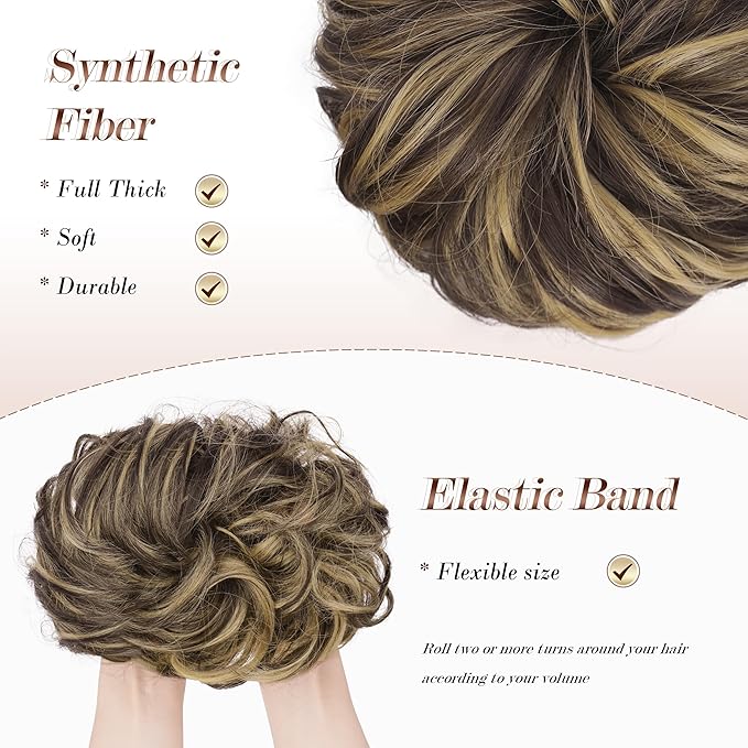 FESHFEN Messy Bun Hair Piece - Elastic Wavy Curly Hair Bun Scrunchies Extensions Synthetic Chignon Hairpieces for Women, Dark Brown & Champagne Blone 1.5 oz