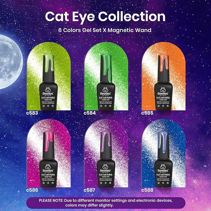Beetles Cat Eye Gel Nail Polish Set, 6 Colors Summer Neon Holographic Glitter Gel Polish Kit Hot Pink Orange Purple Blue Green Magnetic Nail Polish Soak Off UV French Nail Art Gift for Women