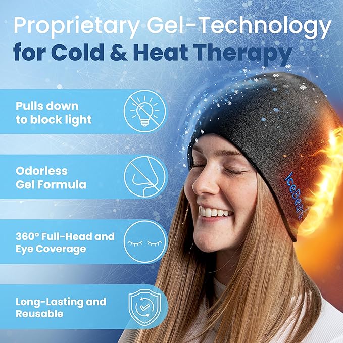 IceBeanie Migraine Relief Cap, As Seen on Shark Tank, Soft & Stretchy Gel Tension Headache Relief Cap, Extended Cooling Hangover Ice Hat, Odorless Head Wrap Ice Pack Wrap, Headache Migraine Mask