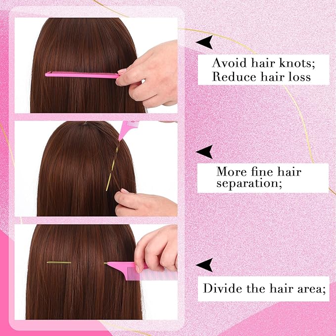 Patelai 30 Pieces Rat Tail Combs Bulk, Hair Teasing Fine Tooth Pintail Combs Braiding Hair Styling Tools with Steel Pin for Stylists Salon Teasing Sectioning Coloring Detangling(Pink and Gold)