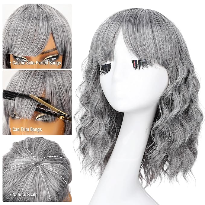 Nnzes Short Wavy Bob Wig with Bangs for Women Shoulder Length Curly Salt-and-Pepper Synthetic Heat-Resistant Fiber Hair for Daily & Party Use