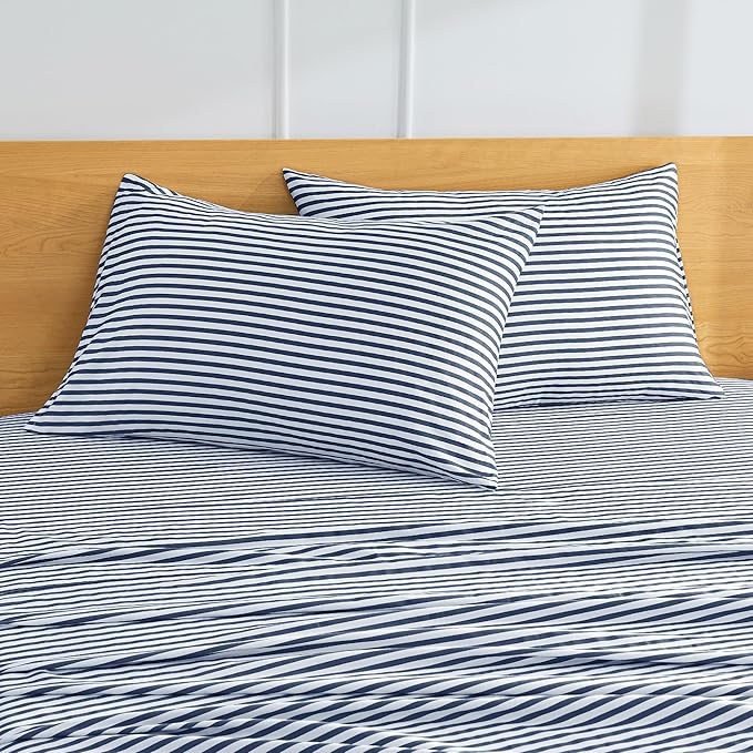 JELLYMONI 100% Natural Cotton Striped Standard Pillowcases Set, 2 Pack White and Dark Blue Stripes Pattern Printed Pillow Covers with Envelope Closure(Pillows are not Included)