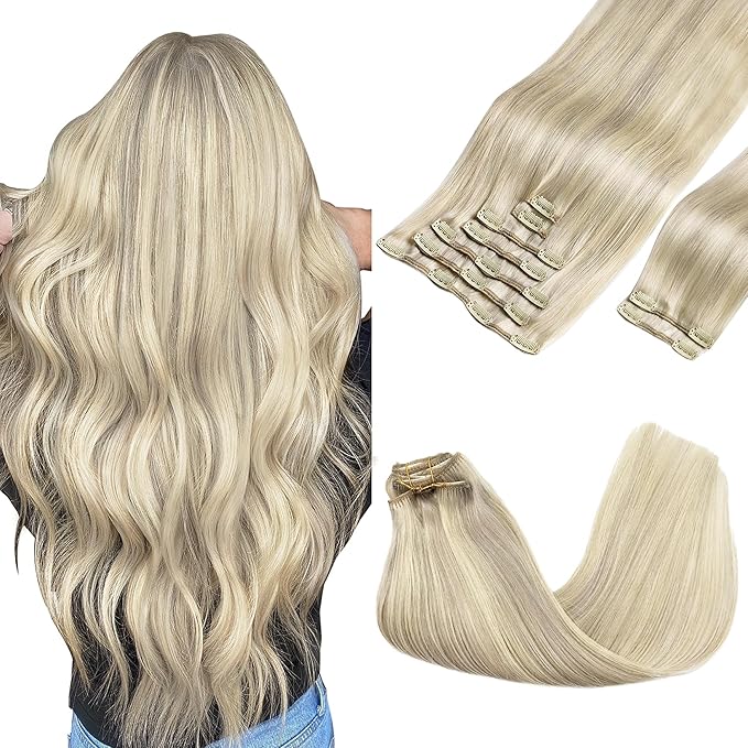 GOO GOO Clip in Hair Extensions Real Human Hair, Remy Human Hair Extensions Clip ins for Women, Natural Human Hair, 16inch 150g 9Pcs, 17A/60A Ash Blonde Highlighted Platinum Blonde
