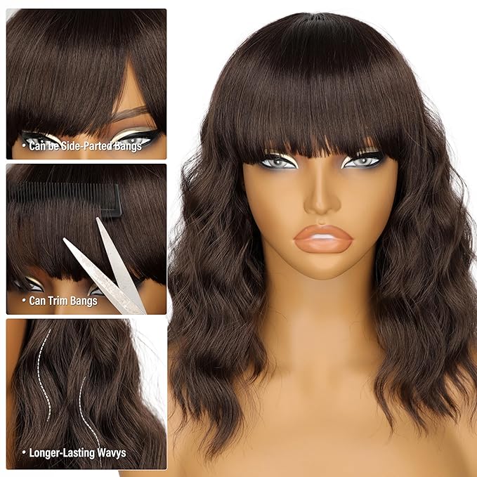 Nnzes Short Wavy Bob Wig with Bangs for Women Shoulder Length Curly Soft Coffee Brown Synthetic Heat-Resistant Fiber Hair for Daily & Party Use