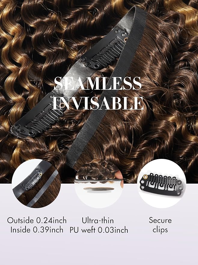 LUVME Seamless Clip in Hair Extensions Human Hair, 16 Inch 135g 9pcs #2/27 Hair Extensions Clip in Human Hair Kinky Curly Remy Hair