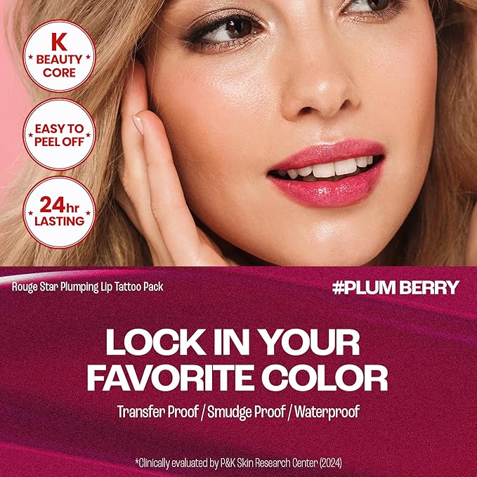 Rouge Star Plumping Lip Tattoo (0.17 oz) - 72-HR Long Lasting Waterproof Peel Off Lip Stain - Transfer-Proof, Non -Sticky Hydrating Matte Lip Tint Tattoo (Plum Berry)