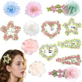 13PCS Mixed Floral Hair Clip Set - 3 Camellia Claws (Pink/Blue/White), 2 Pink-Green Tulle Clips, 6 Flower Barrettes (Heart/Star), 2 Pearl Mesh Clips, Claw Clip Accessories For women/girls