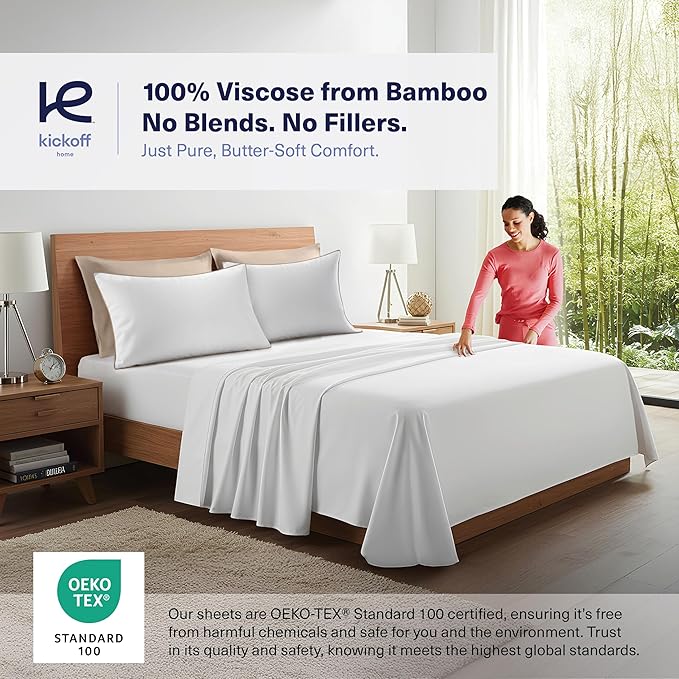Kickoff Viscose Bamboo Pillowcase, King, Set of 2, 100% Organic Hidden Zippered Viscose Bamboo Pillow Case King Size, Cooling Pillow Cover for Hot Sleepers (20"x40", Trimmed, Iced Latte)