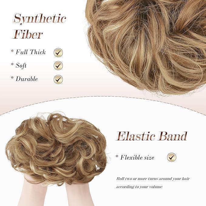 FESHFEN Messy Bun Hair Piece - Elastic Wavy Curly Hair Bun Scrunchies Extensions Synthetic Chignon Hairpieces for Women, Light Brown & Mixed Blonde 1.5 oz