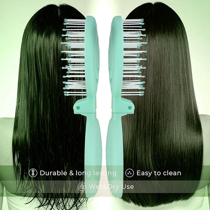 Mini Detangler Travel Hair Brush with Mirror, Makaron Hair Brushes for Women, Men and Kids, Unique 3D Flexible Design for All Hair Types, Styling Accessory, Travel Essentials for Women (MINT)