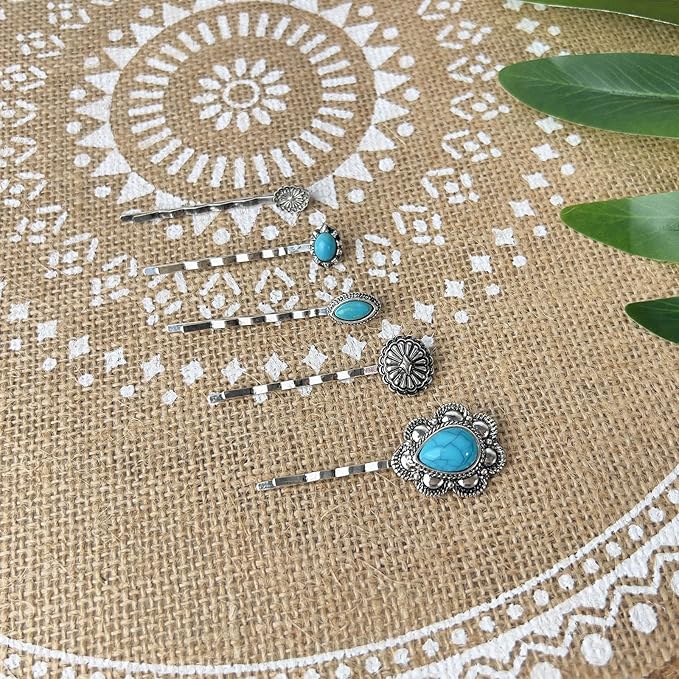 Women's Western Turquoise Hair Clips Set of 5 Decorative Bobby Pins Boho Hair Barrettes