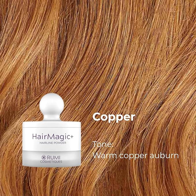 Rumi Cosmetiques HairMagic+ Root Touch Up Powder – Instant Gray Hair Coverage & Hairline Filler – Water-Resistant, Natural Finish, Nourishing Formula with Argan Oil & Vitamin E (Copper)
