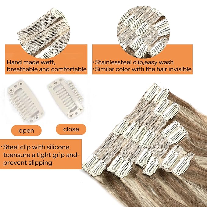 Straight Clip In Hair Extensions Real Human Hair 8Pcs Clip In Balayage Chestnut Brown Highlight Blonde Human Hair Extensions with 18Clips Lace Weft 120g 18inch