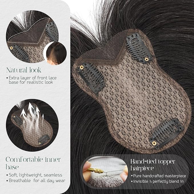 Hairro Real Hair Toppers For Women With Thinning Hair Human Hair Clip In Topper 3D Bangs Hair Clip Handmade Short Toupee Hairpiece With Air Bangs French Bang 11 Inches 21g #02 Dark Brown