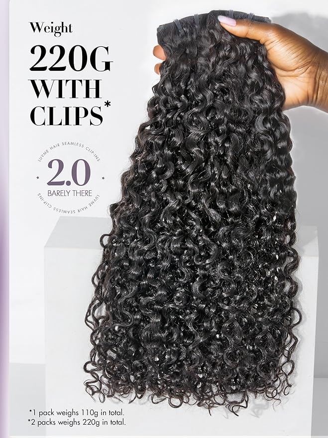 LUVME Invisible Clip in Hair Extensions 2 Pack Messy Curly Real Human Hair, Remy Hair Clip ins for Women, Natural Human Hair, 14 inch 220g 12Pcs, Natural Black