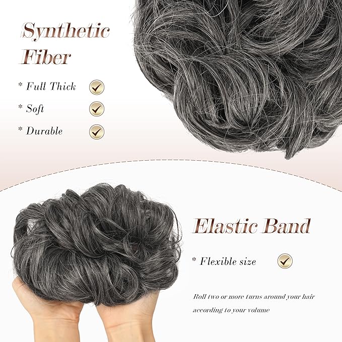 FESHFEN Messy Bun Hair Piece - Large Elastic Wavy Curly Hair Bun Scrunchies Ponytail Extensions Synthetic Chignon Hairpieces for Women, Dark Salt and Pepper 1.94oz