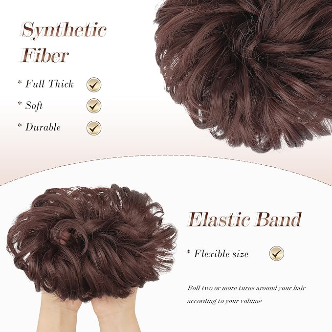 FESHFEN Messy Bun Hair Piece - Elastic Wavy Curly Hair Bun Scrunchies Extensions Synthetic Chignon Hairpieces for Women Girls, Dark Auburn 1.5 oz