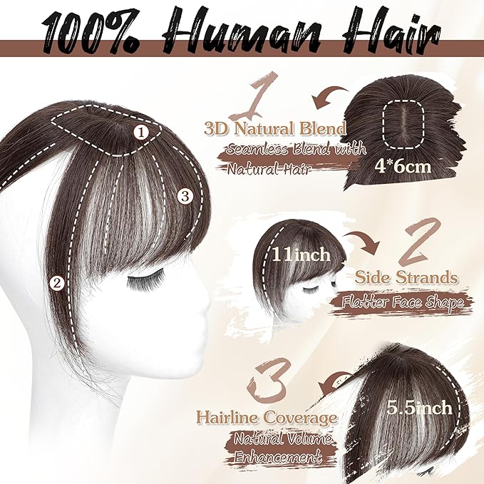 Hair Toppers for Women Real Human Hair - 360° Coverage Dark Brown Clip In Topper with Bangs for Thinning Hair Upgraded 4×6 cm Silk Base Ideal for Everyday Use