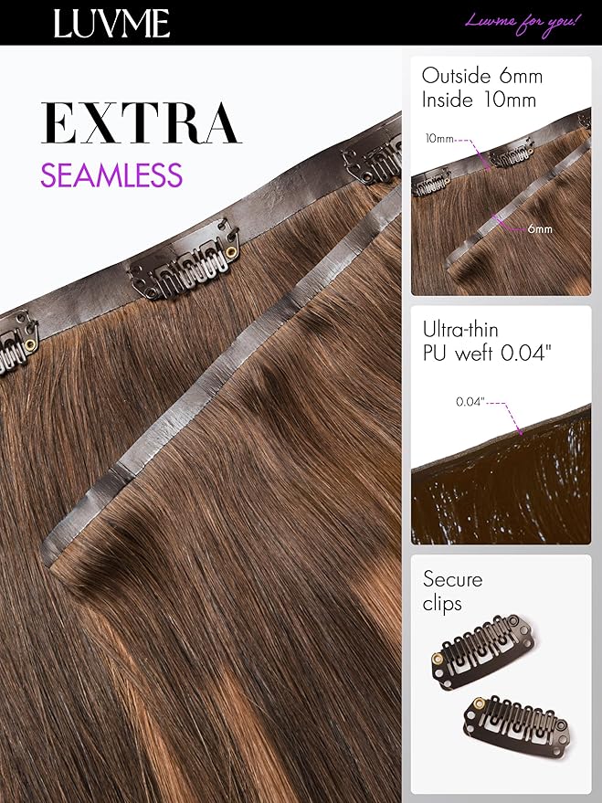 LUVME Straight Seamless 110g 7Pcs Clip in Hair Extensions Full Max with 20inch Remy Human Hair Extensions, Highlight Color 100% Real Soft
