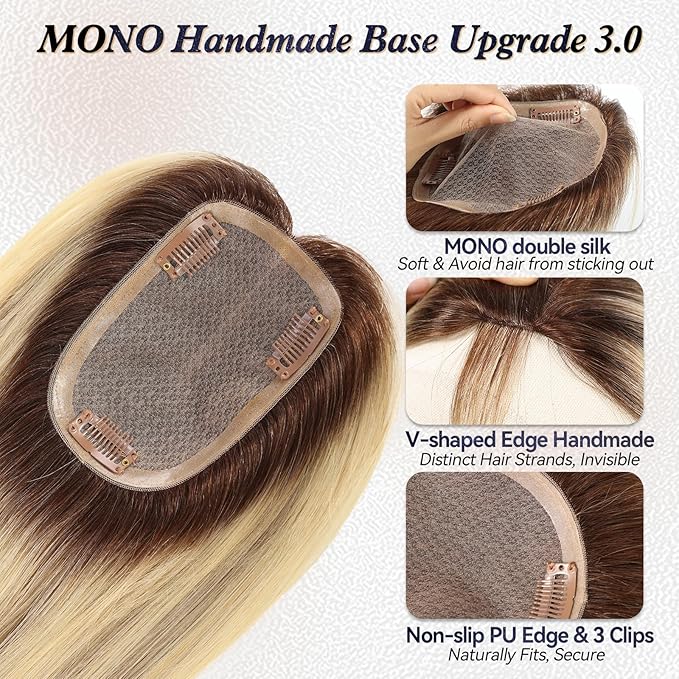 starluck Hair Toppers for Women Real HumanHair,5.5"*4"MONO Large Base, Real Human Hair-Toppers for Women with Thinning,46g Hand-moven Topper,Gray Roots,High Volume,Ombre Blonde with Brown Highlight
