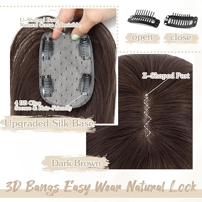 Human Hair Toppers for Women - 150% Density Clip In Hair Topper with Bangs U Shape 10 Inch Toppers Hairpieces for Women Perfect for Thinning Hairr Ideal for Daily Use Dark Brown