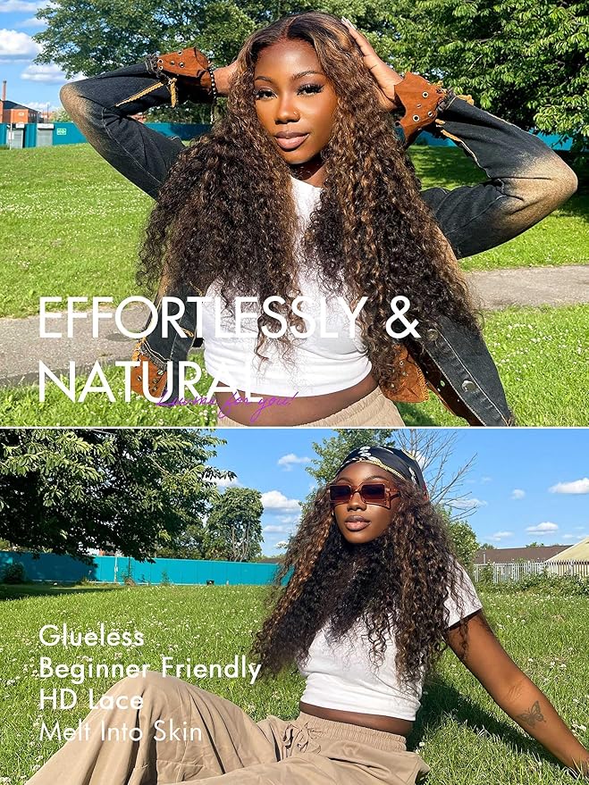 LUVME HAIR 20 Inch Highlight Brown Curly Lace Front Wig Human Hair Pre Cut Lace Glueless 5X5 Closure Wig Pre Plucked For Women 180 Density