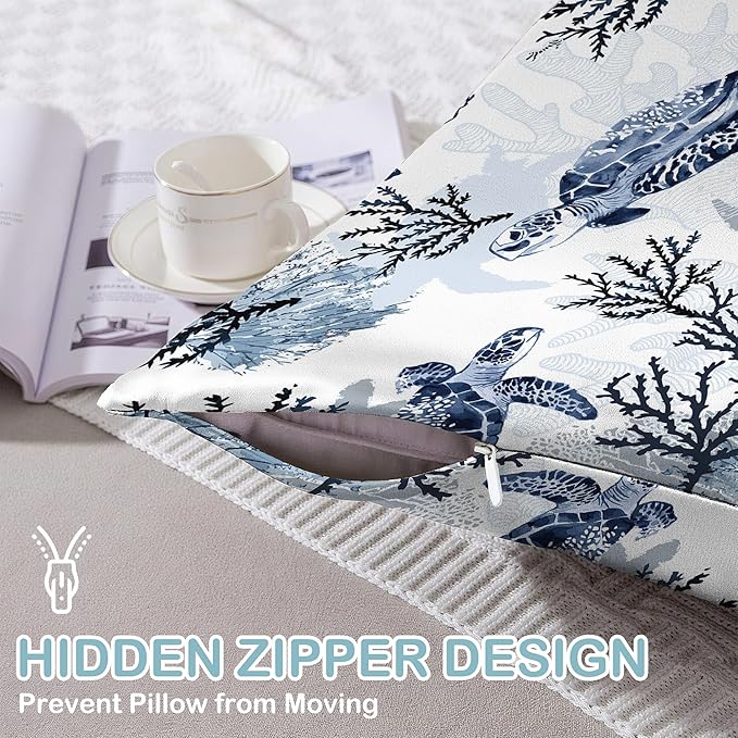 Satin Pillowcase 1 Pack-Nautical Turtle and Corals Silky Pillow Cover for Hair and Skin,Standard Size 20x26 Inch Soft Cooling Printed Pillow Cases with Hidden Zipper,Gifts for Women Men