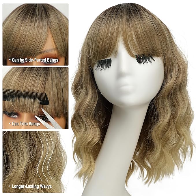 Nnzes Short Wavy Bob Wig with Bangs for Women Shoulder Length Curly Brown Ombre Blonde Synthetic Heat-Resistant Fiber Hair for Daily & Party Use
