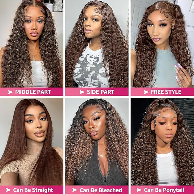 13x6 Lace Front Wigs Human Hair 200 Density Chocolate Brown Deep Wave HD Lace Front Wigs Human Hair Pre Plucked Brown Curly Wig Human Glueless Wigs for Women (24 Inch)