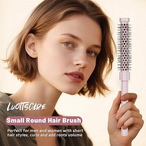3pcs Small Round Hair Brush for Short Hair - Barrel Hair Brush for Blow Drying, Aluminum Round Brush for Bobs, Bangs, Lobs, Roots, Curling, Pixie Cuts, Straight Hair - Pink