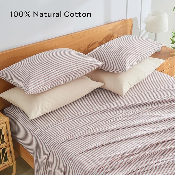 JELLYMONI 100% Natural Cotton Striped King Pillowcases Set, 2 Pack White and Pink Stripes Pattern Printed Pillow Covers with Envelope Closure(Pillows are not Included)
