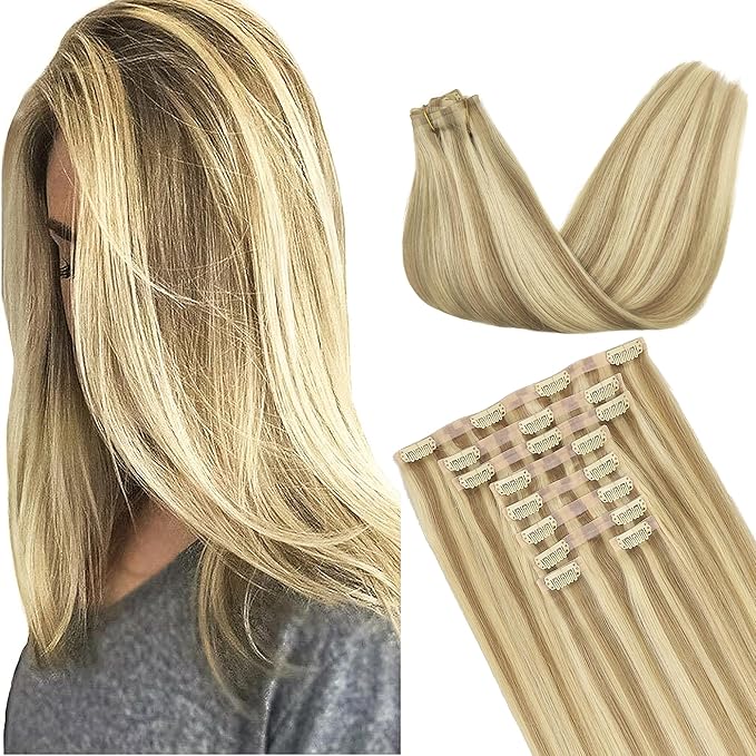 GOO GOO Clip in Hair Extensions Real Human Hair, Remy Human Hair Extensions Clip ins for Women, Natural Human Hair, 14inch 130g 9Pcs, 16/22 Light Blonde Highlighted Golden Blonde