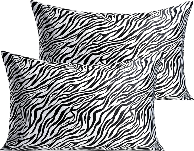NTBAY 2 Pack Satin Queen Pillowcases for Hair and Skin, Luxurious and Silky Zebra Printed Pillow Cases with Envelope Closure, 20x30 Inches, Black and White