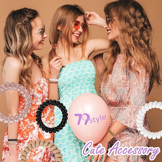 79STYLE 50Pcs Spiral Hair Ties Black Clear Coil Hair Ties Phone Cord Plastic Ponytail Holders Bulk Clear Hair Coils For Women Gris Thin Thick Curly Hair (Black and Transparent)