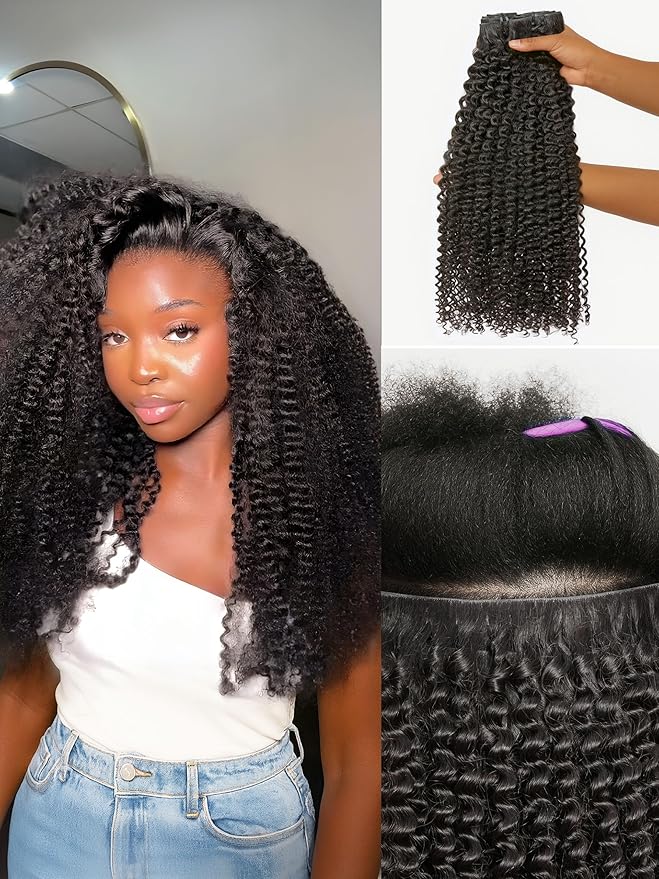 LUVME Invisible Clip ins Hair Extensions Deep Kinky Curly Real Human Hair Remy Hair Clip ins for Women, Natural Human Hair,18 inch 2 Pack 220g 12Pcs, Natural Black
