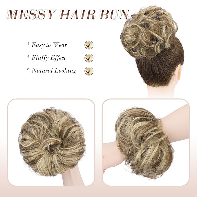 FESHFEN Messy Bun Hair Piece - Large Elastic Wavy Curly Hair Bun Scrunchies Ponytail Extensions Synthetic Chignon Hairpieces for Women, Brunette & Blonde 1.94oz