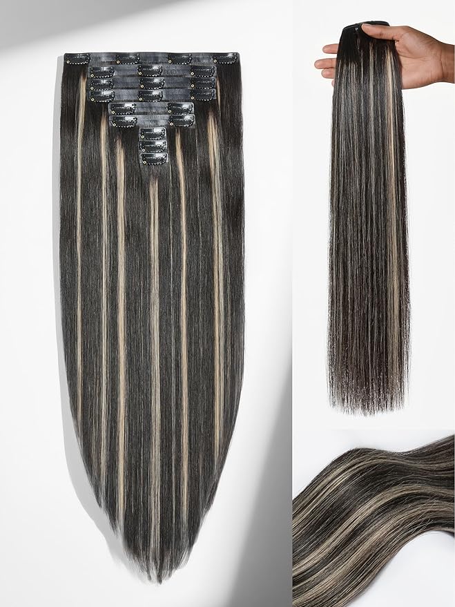 LUVME Balayage Clip in Hair Extensions, 135g 16 Inch Highlight Color Human Hair Extensions Thick Real Human Hair Clip on Double Weft Remy Hair