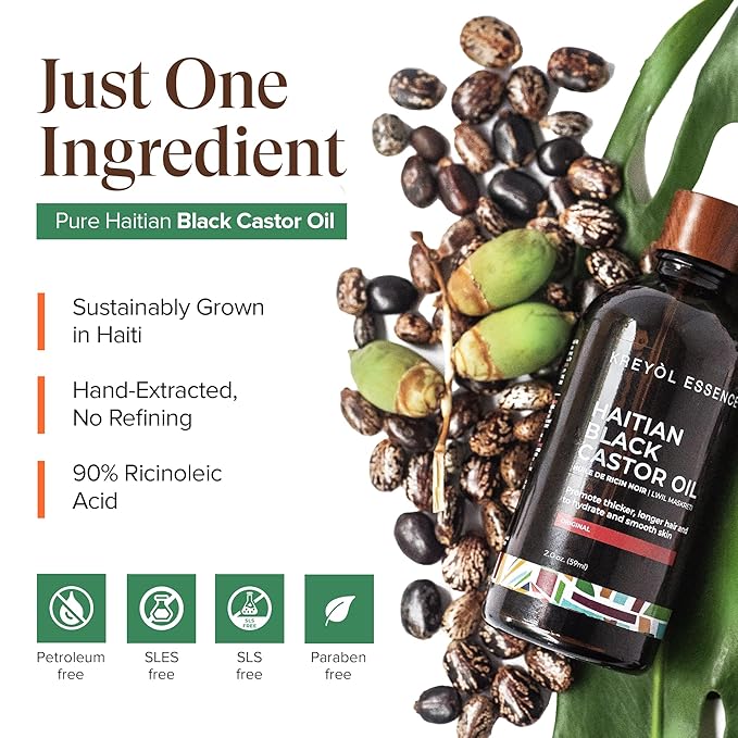 Kreyol Essence - 2 Oz Original Haitian Black Castor Oil, Glass Bottle - Thicker Brows & Longer Eyelashes, Paraben Free, Natural Ingredients