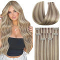 Full Shine Seamless Hair Extensions Clip in Human Hair, 12Inch Higlight Blonde to Ash Blonde Hair Extensions, PU Skin Weft Invisible Fill Ins for Thin Short Hair, Add Lenghth 4Pcs 55g