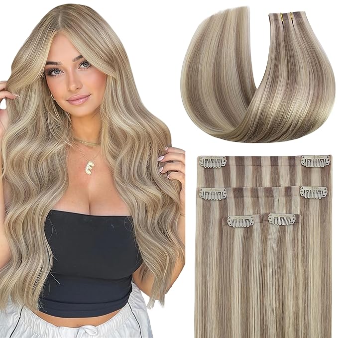 Full Shine Seamless Hair Extensions Clip in Human Hair, 12Inch Higlight Blonde to Ash Blonde Hair Extensions, PU Skin Weft Invisible Fill Ins for Thin Short Hair, Add Lenghth 4Pcs 55g
