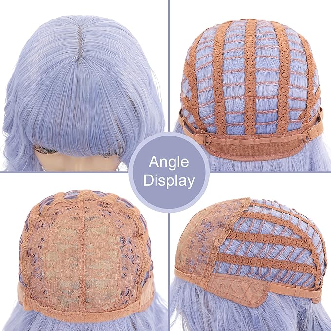 FAELBATY Light Blue Wave Bob Wigs With Bangs Synthetic Cosplay Wig for Women Girls Shoulder Length Costume Wigs Mixed Blue(12" Light Gray Blue)