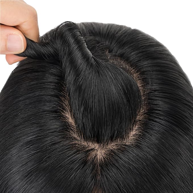 Hairro Human Hair Toppers Free Parted, 3.5x4.7" Base Hand-wovened 100% Real Hairpieces, with Invisible Clips-in for Women, for High Hairline/Adding Volume on Top, 16 Inch Jet Black